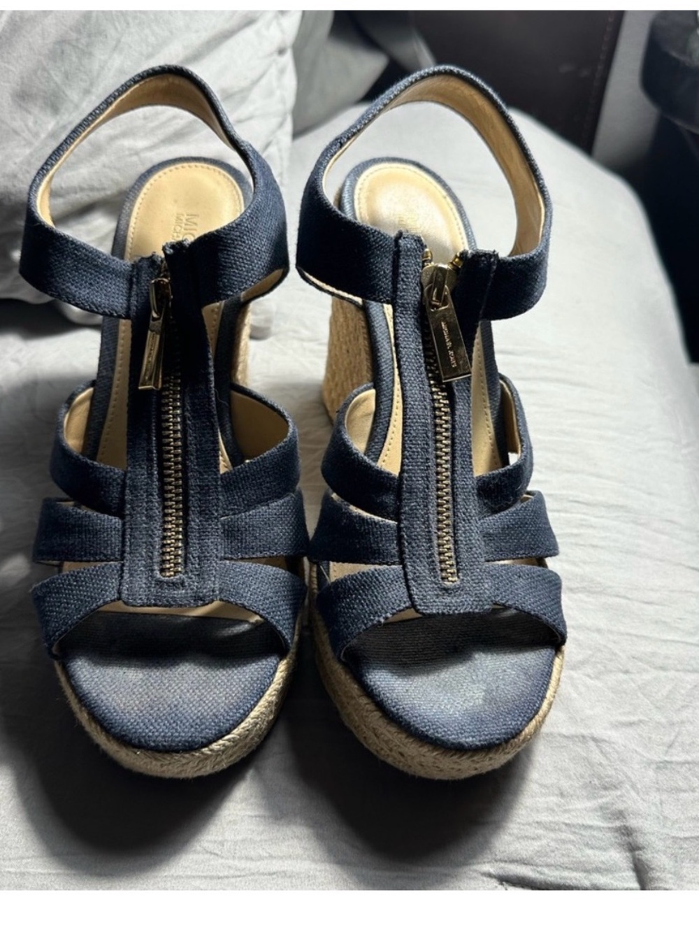 Michael Kors Dark Navy Fabric Espadrille Wedge Sandals with Front Zipper